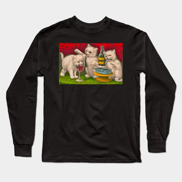 Kittens drinking and eating sardine fish Long Sleeve T-Shirt by Marccelus